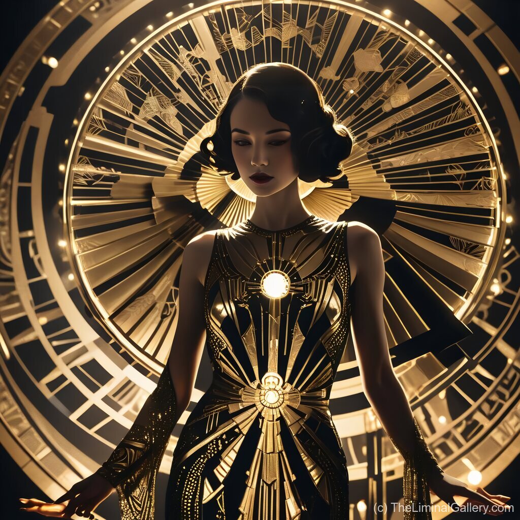 A radiant art deco depiction of the Empress of Time, blending geometric elegance and mysticism in a timeless design.